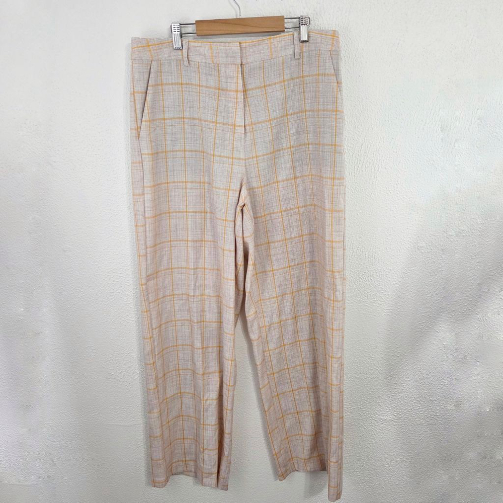 Asos plaid wide leg trouser pants light taupe pink yellow women's size 10